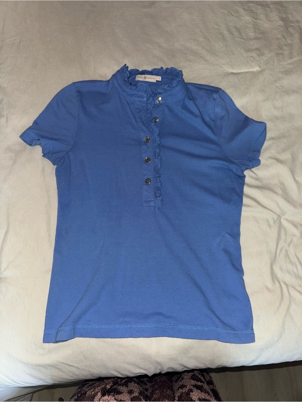 Tory Burch Short-Sleeve Ruffle Polo in Blue